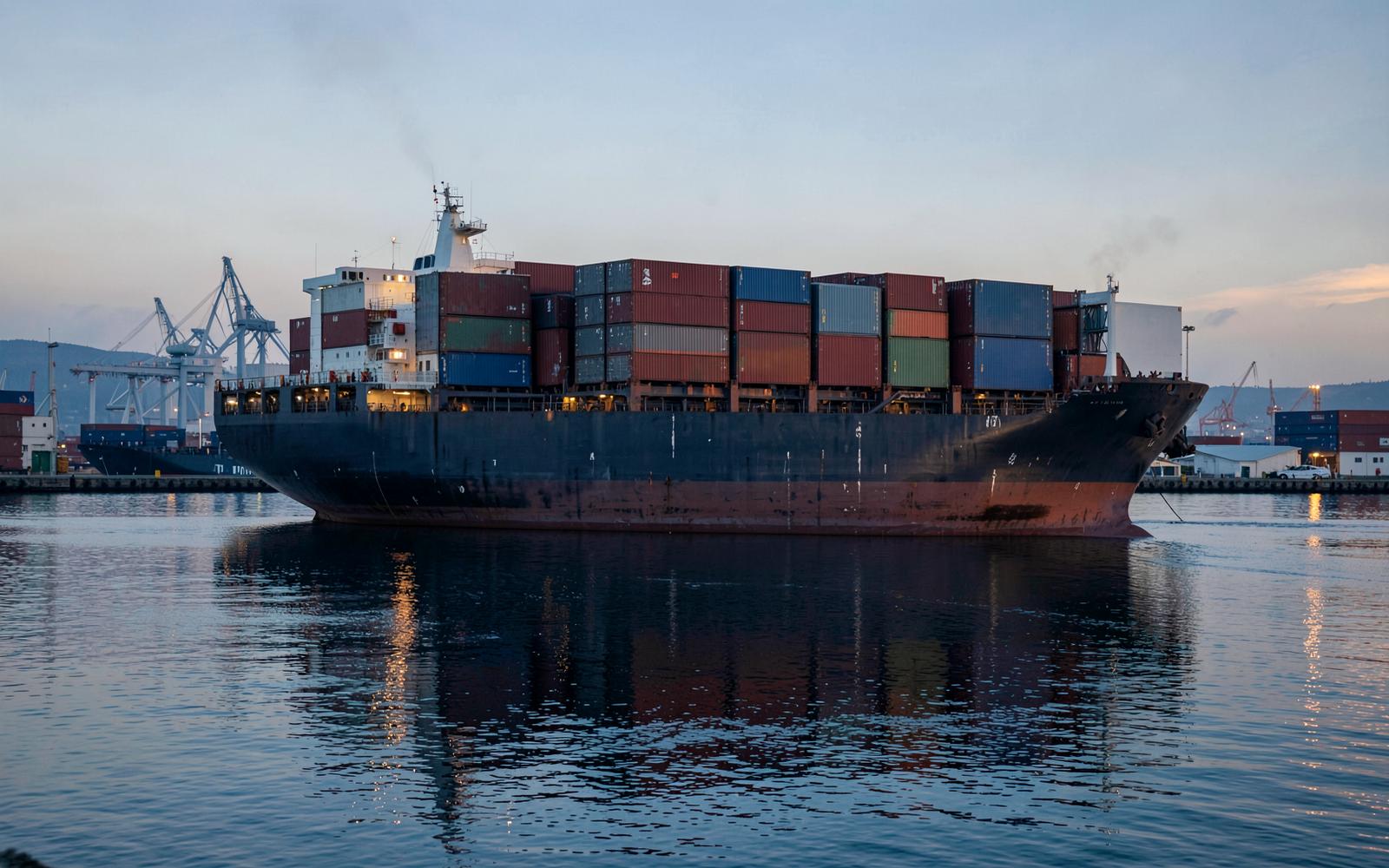 Navio de carga com contêineres saindo de um porto industrial