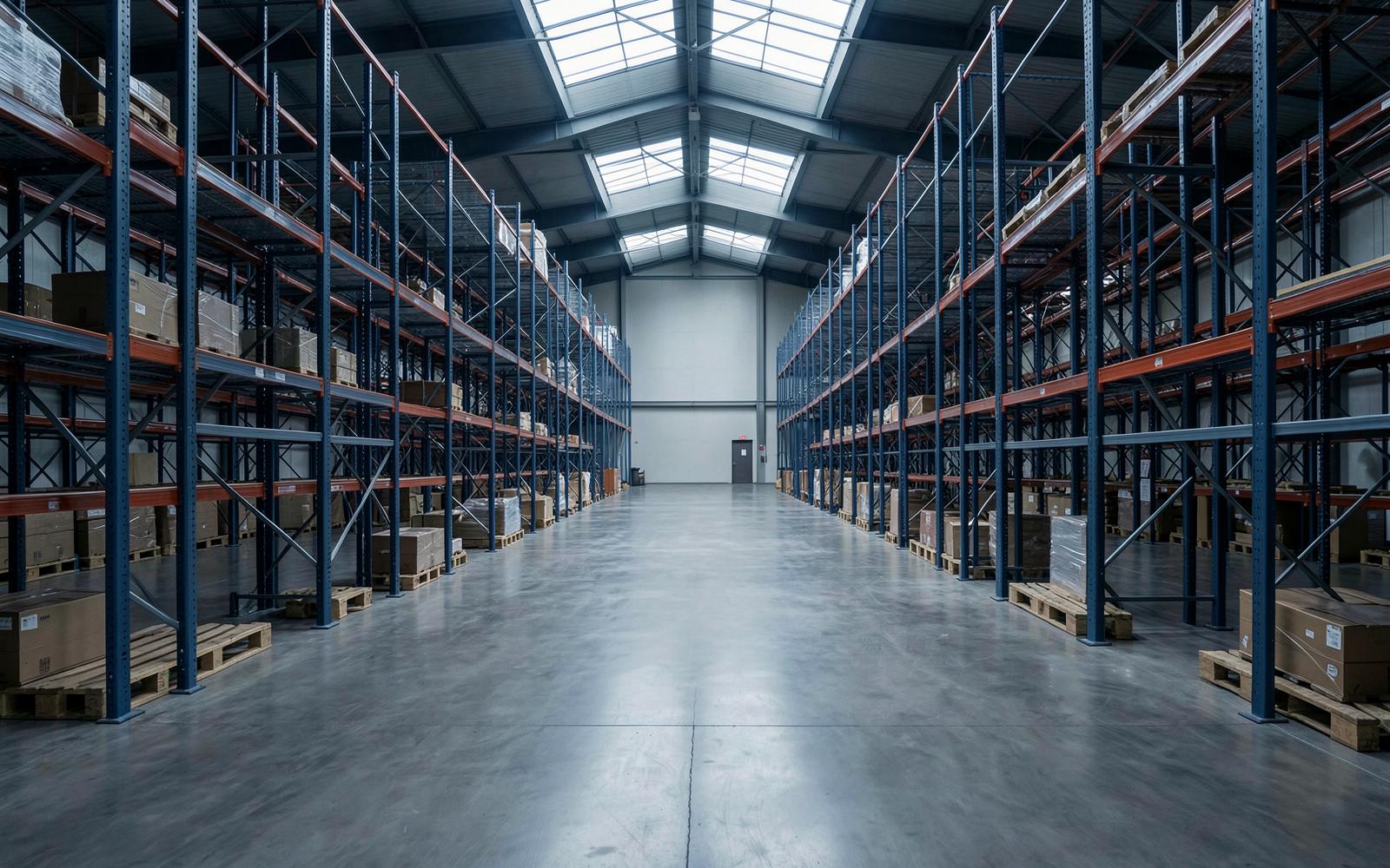 Interior de um armazém de distribuição moderno com estruturas porta-paletes